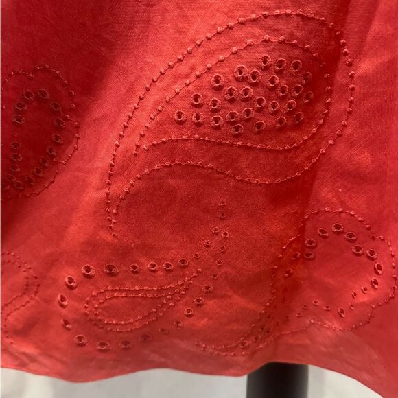 Ann Taylor 100% linen deep coral embroidered paisley print midi skirt size 12 - Picture 2 of 6